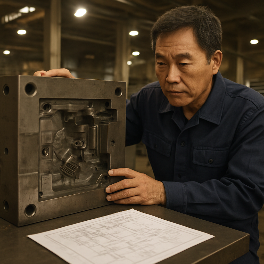 Experienced mold engineer examining a steel die casting mold