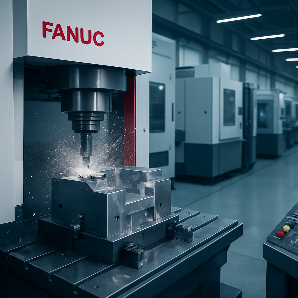 Fanuc CNC machining center cutting a steel mold block