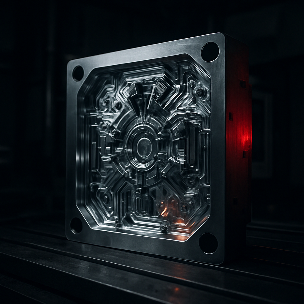 Precision aluminum die casting mold on a CNC machine bed