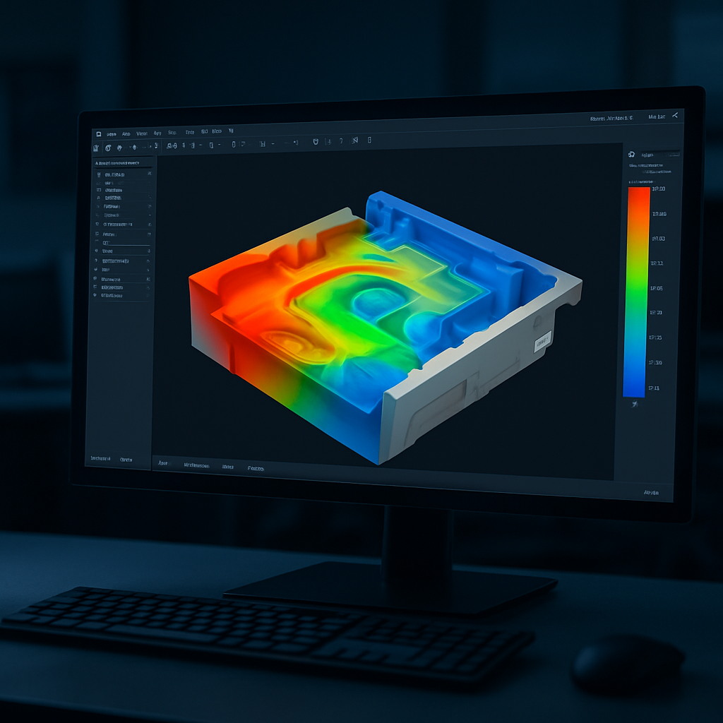 Moldflow casting simulation showing aluminum flow heat map