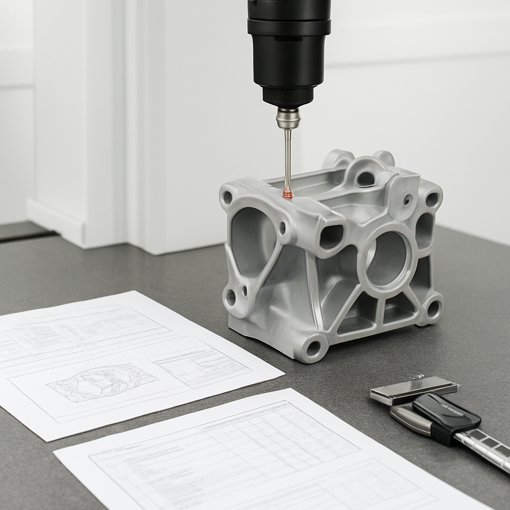 CMM probe inspecting a precision aluminum cast part in a QC lab