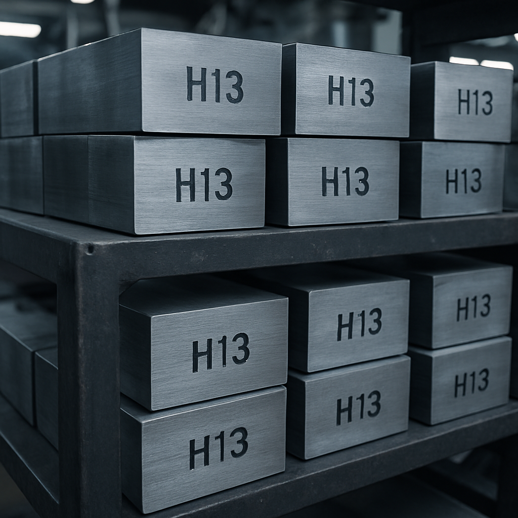 Stacked blocks of hot-work tool steel in a workshop